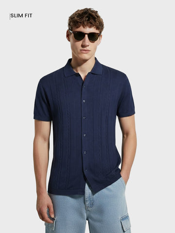 Men's Navy Blue Slim Fit Solid Flat Knit Shirt