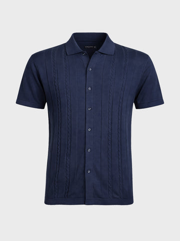 Men's Navy Blue Slim Fit Solid Flat Knit Shirt