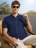 Men's Navy Blue Slim Fit Solid Flat Knit Shirt