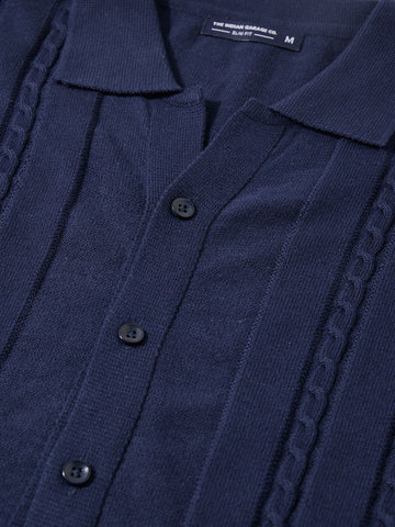 Men's Navy Blue Slim Fit Solid Flat Knit Shirt