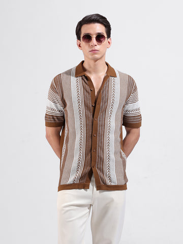 Men's Brown Slim Fit Textured Flat Knit Shirt