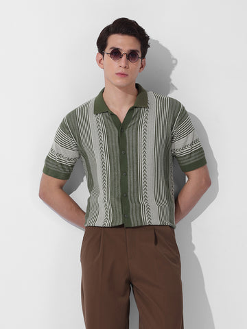 Men's Green Slim Fit Textured Flat Knit Shirt