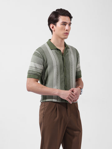 Men's Green Slim Fit Textured Flat Knit Shirt
