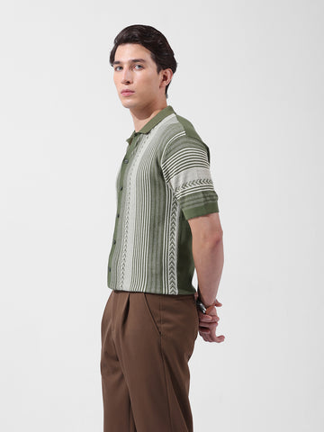 Men's Green Slim Fit Textured Flat Knit Shirt