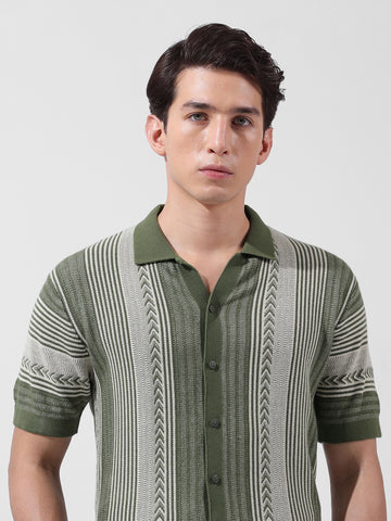 Men's Green Slim Fit Textured Flat Knit Shirt