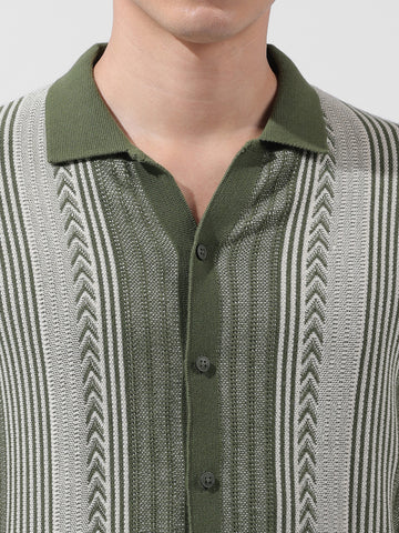 Men's Green Slim Fit Textured Flat Knit Shirt