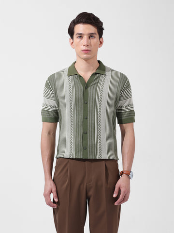 Men's Green Slim Fit Textured Flat Knit Shirt