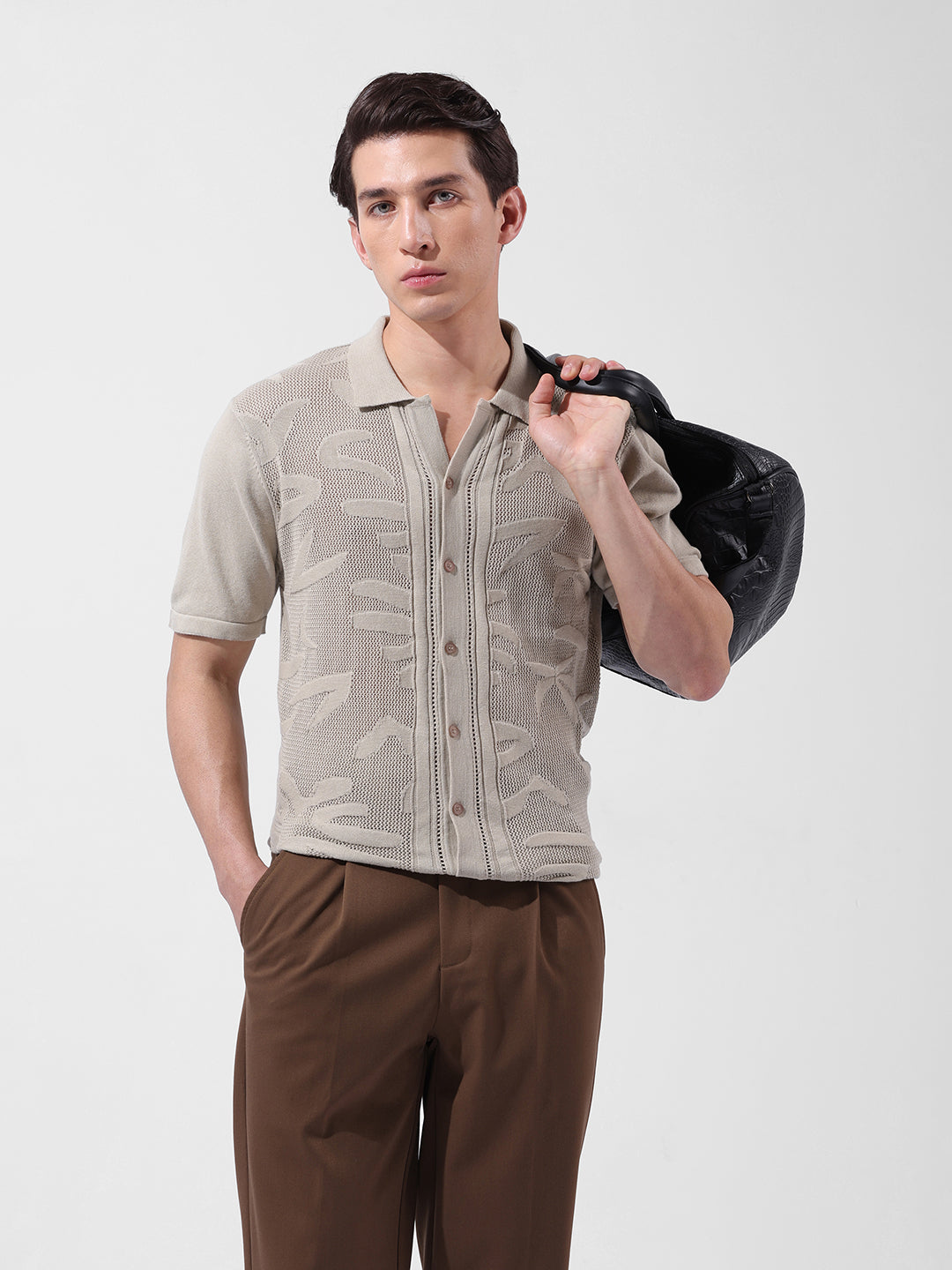 Men's Beige Slim Fit Textured Flat Knit Shirt