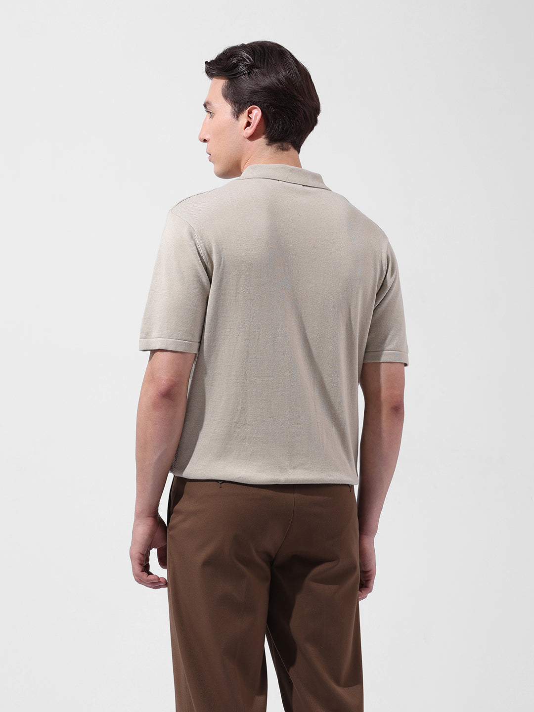 Men's Beige Slim Fit Textured Flat Knit Shirt