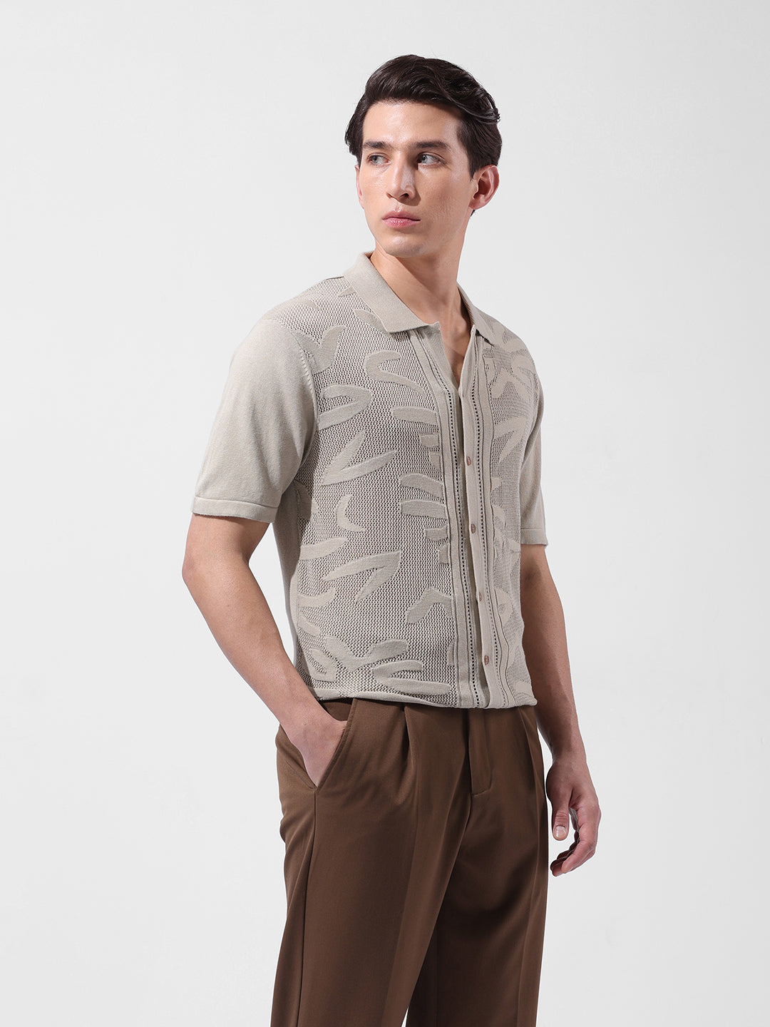 Men's Beige Slim Fit Textured Flat Knit Shirt