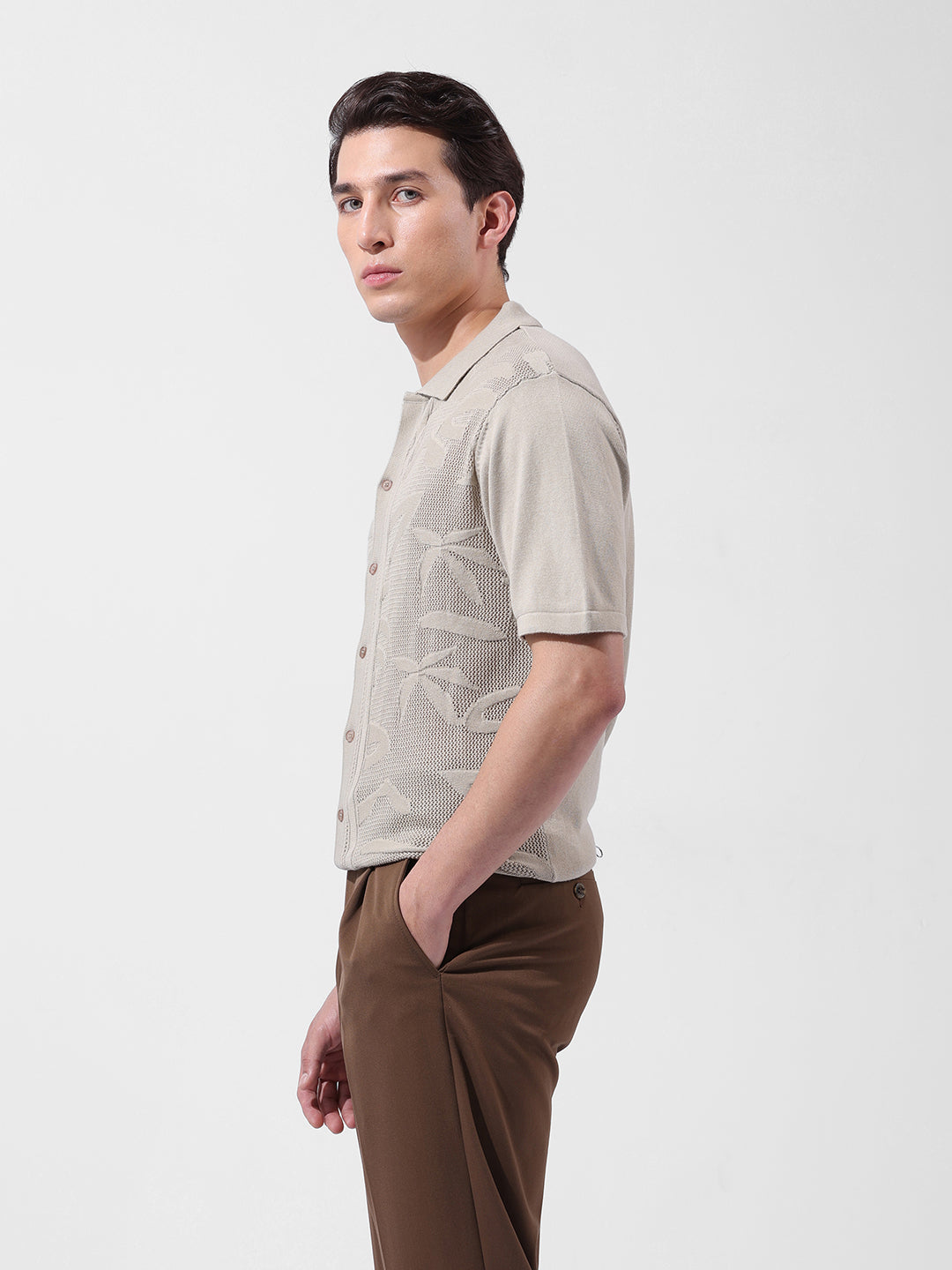 Men's Beige Slim Fit Textured Flat Knit Shirt