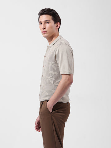 Men's Beige Slim Fit Textured Flat Knit Shirt