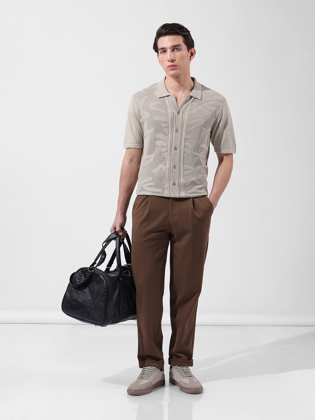 Men's Beige Slim Fit Textured Flat Knit Shirt