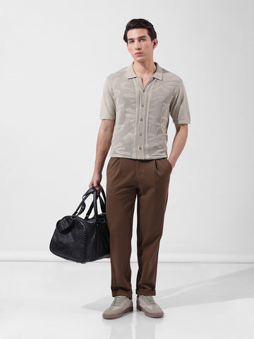 Men's Beige Slim Fit Textured Flat Knit Shirt