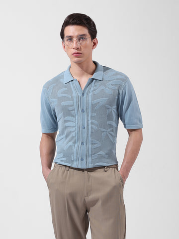Men's Blue Slim Fit Textured Flat Knit Shirt