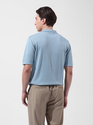Men's Blue Slim Fit Textured Flat Knit Shirt
