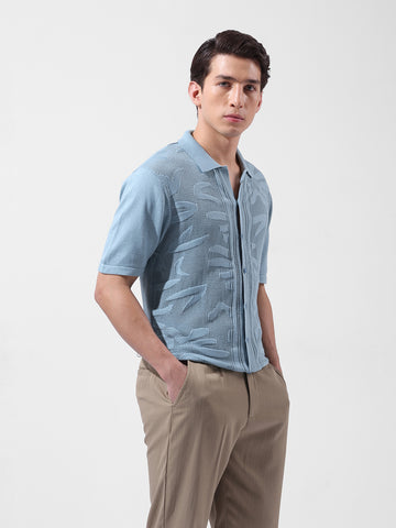 Men's Blue Slim Fit Textured Flat Knit Shirt