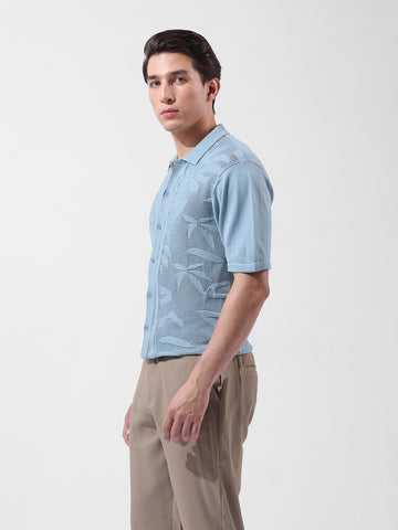Men's Blue Slim Fit Textured Flat Knit Shirt
