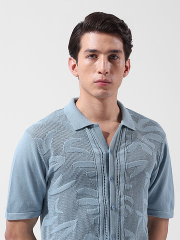 Men's Blue Slim Fit Textured Flat Knit Shirt