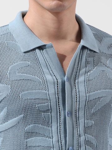 Men's Blue Slim Fit Textured Flat Knit Shirt