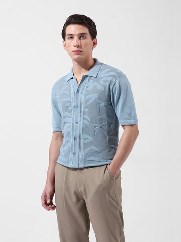 Men's Blue Slim Fit Textured Flat Knit Shirt