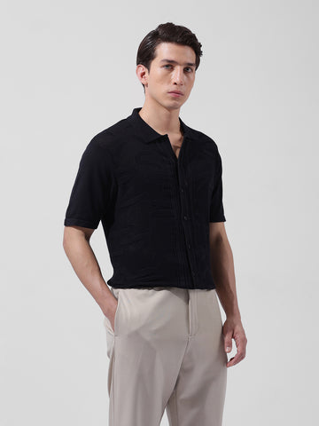 Men's Black Slim Fit Textured Flat Knit Shirt