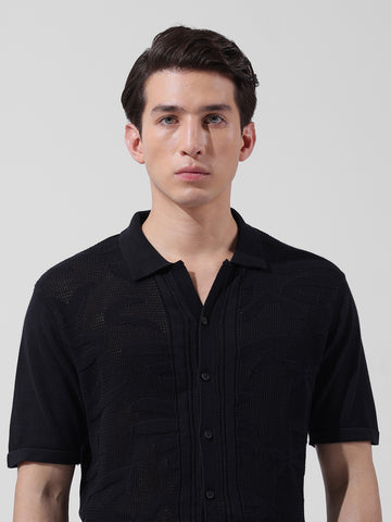 Men's Black Slim Fit Textured Flat Knit Shirt