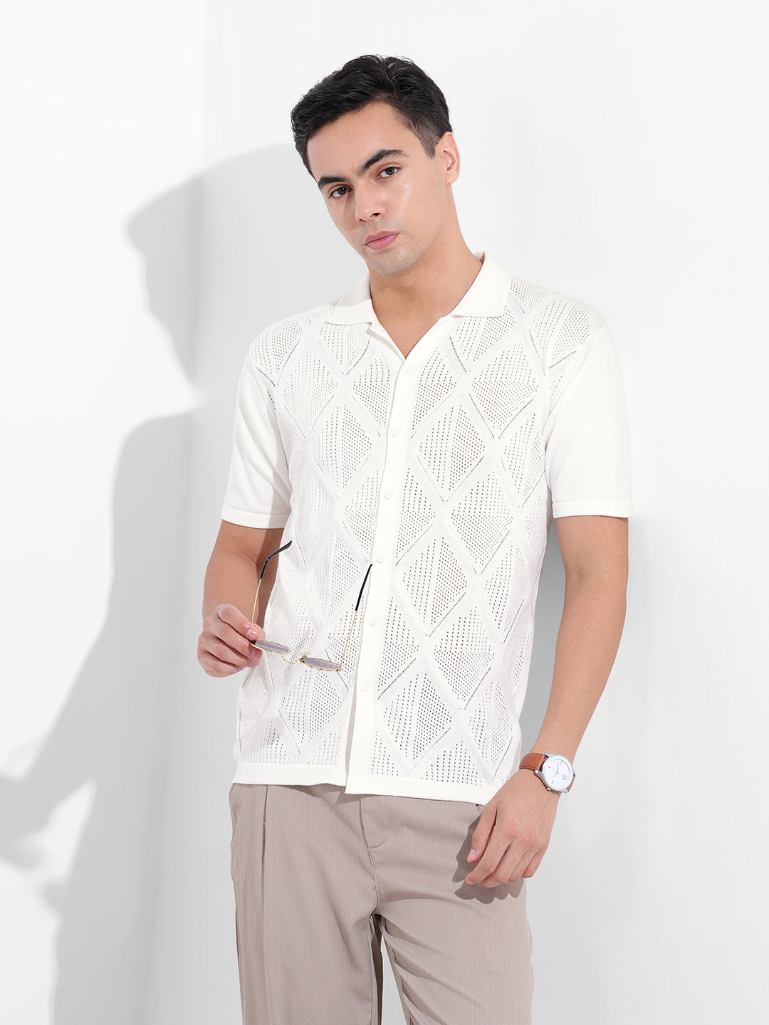 Men's White Slim Fit Textured Flat Knit Shirt