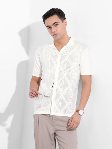 Men's White Slim Fit Textured Flat Knit Shirt
