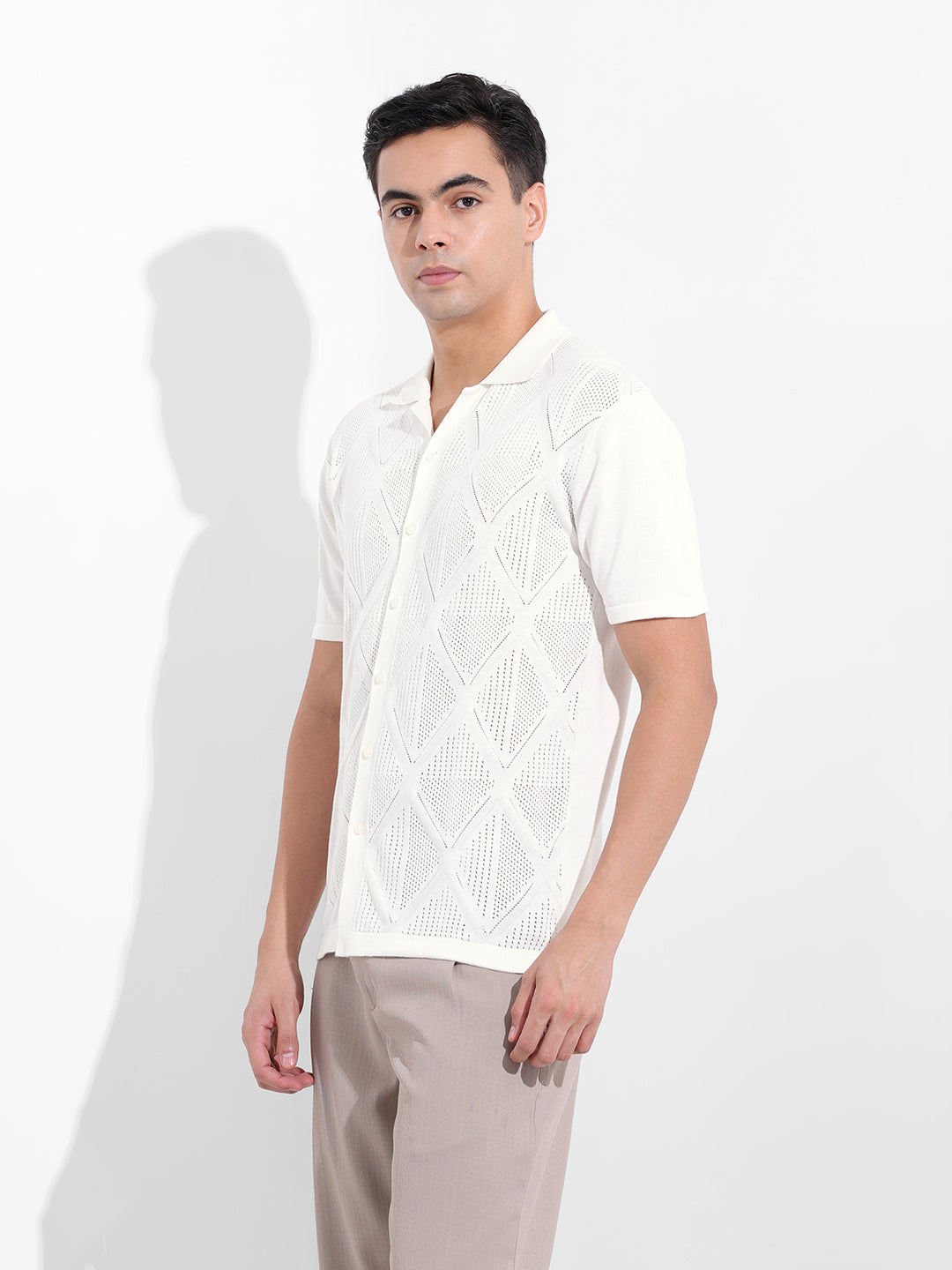 Men's White Slim Fit Textured Flat Knit Shirt