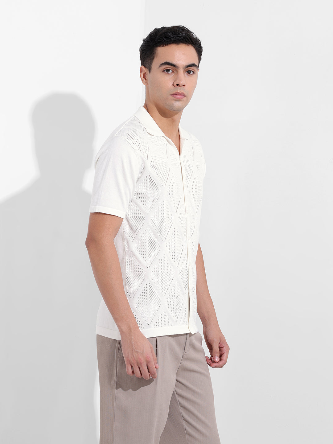 Men's White Slim Fit Textured Flat Knit Shirt
