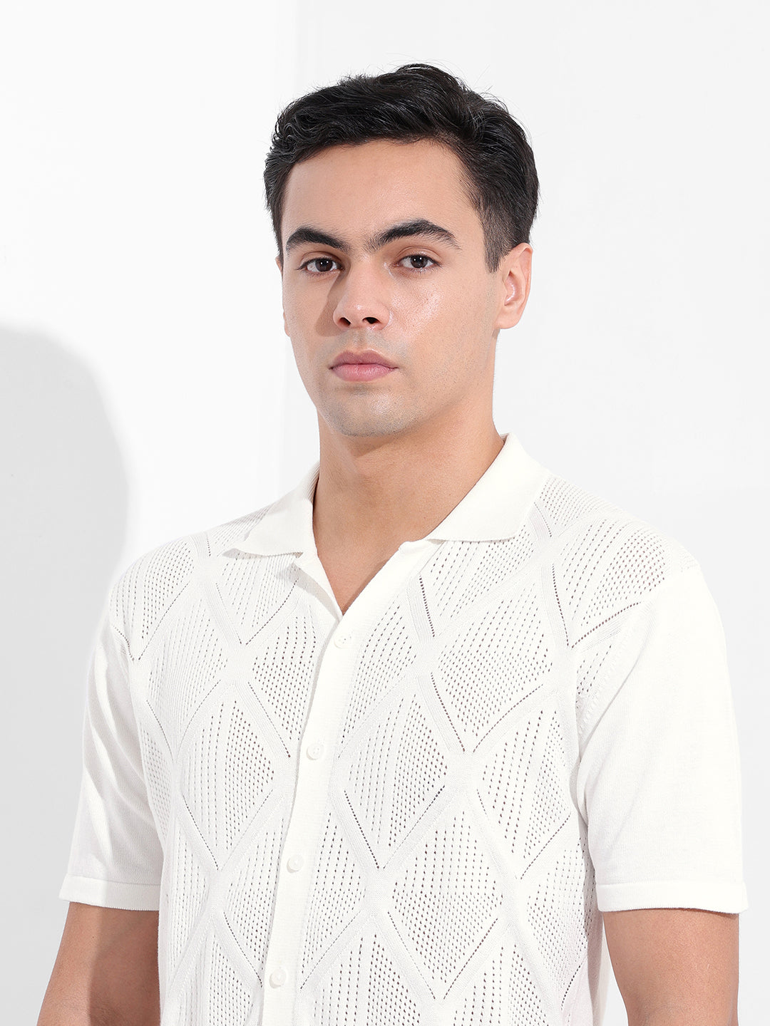 Men's White Slim Fit Textured Flat Knit Shirt