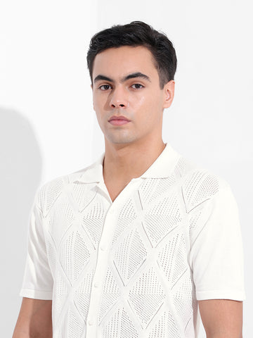 Men's White Slim Fit Textured Flat Knit Shirt