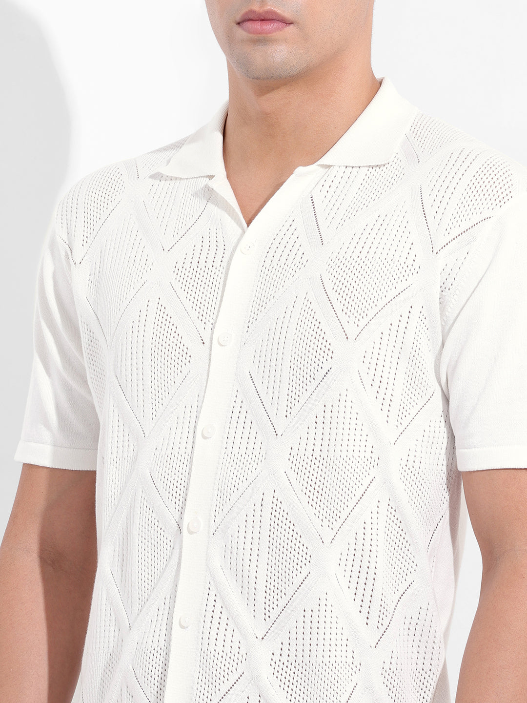 Men's White Slim Fit Textured Flat Knit Shirt