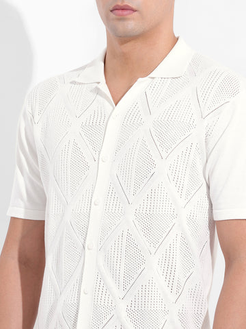 Men's White Slim Fit Textured Flat Knit Shirt