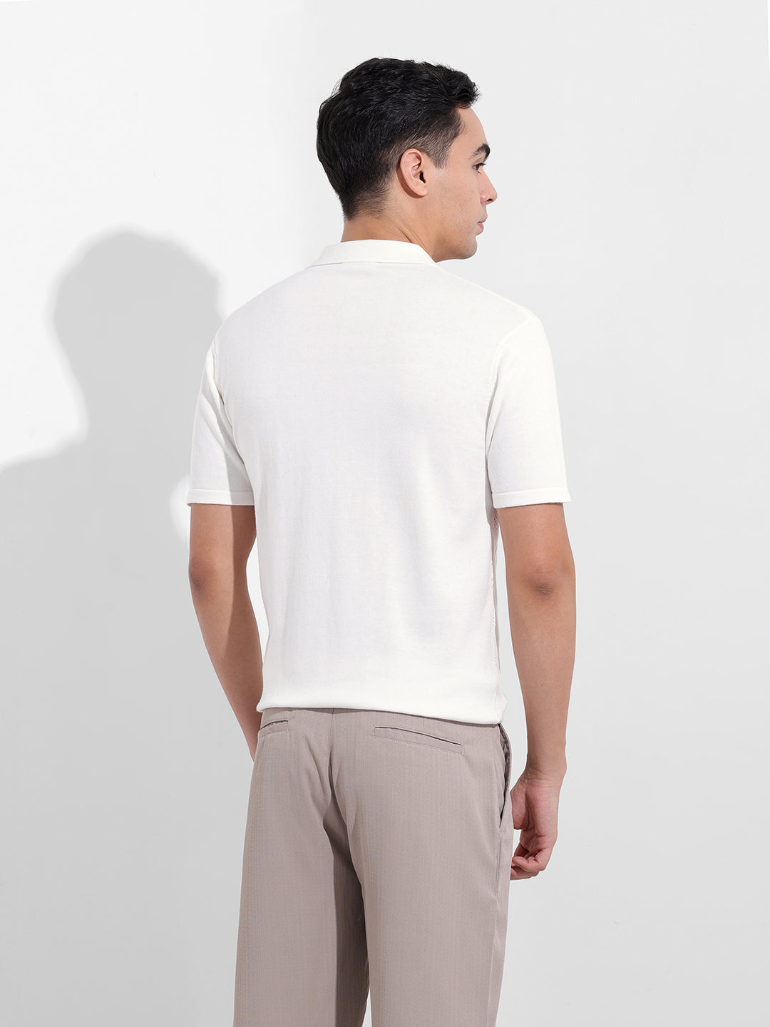 Men's White Slim Fit Textured Flat Knit Shirt