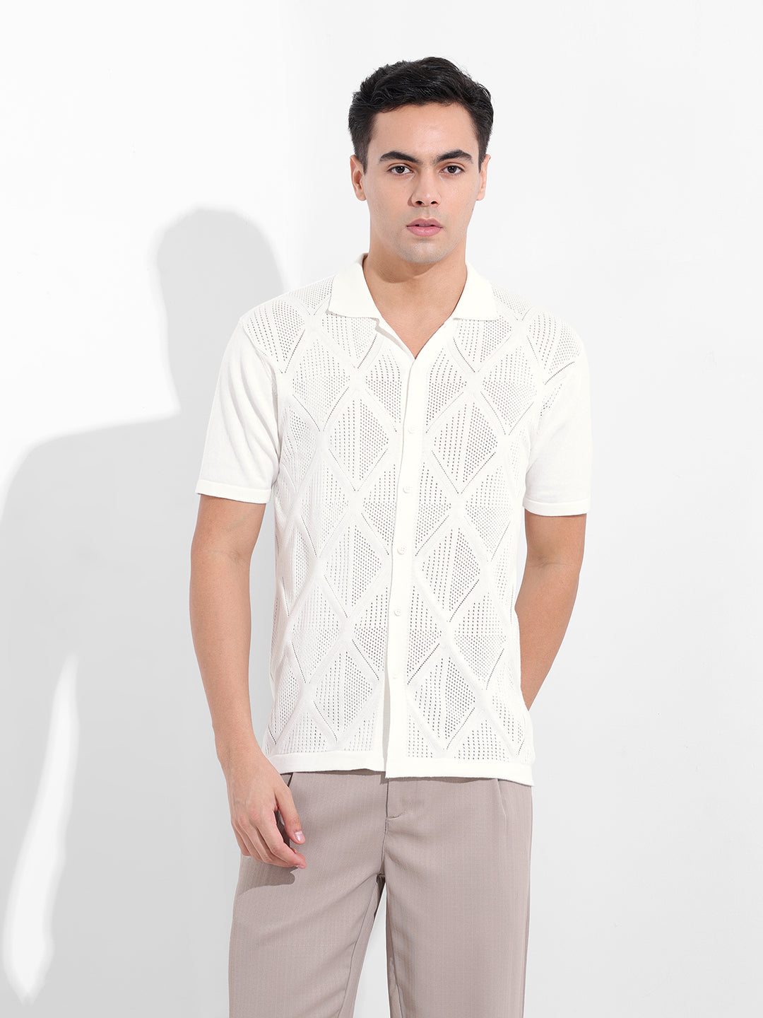 Men's White Slim Fit Textured Flat Knit Shirt