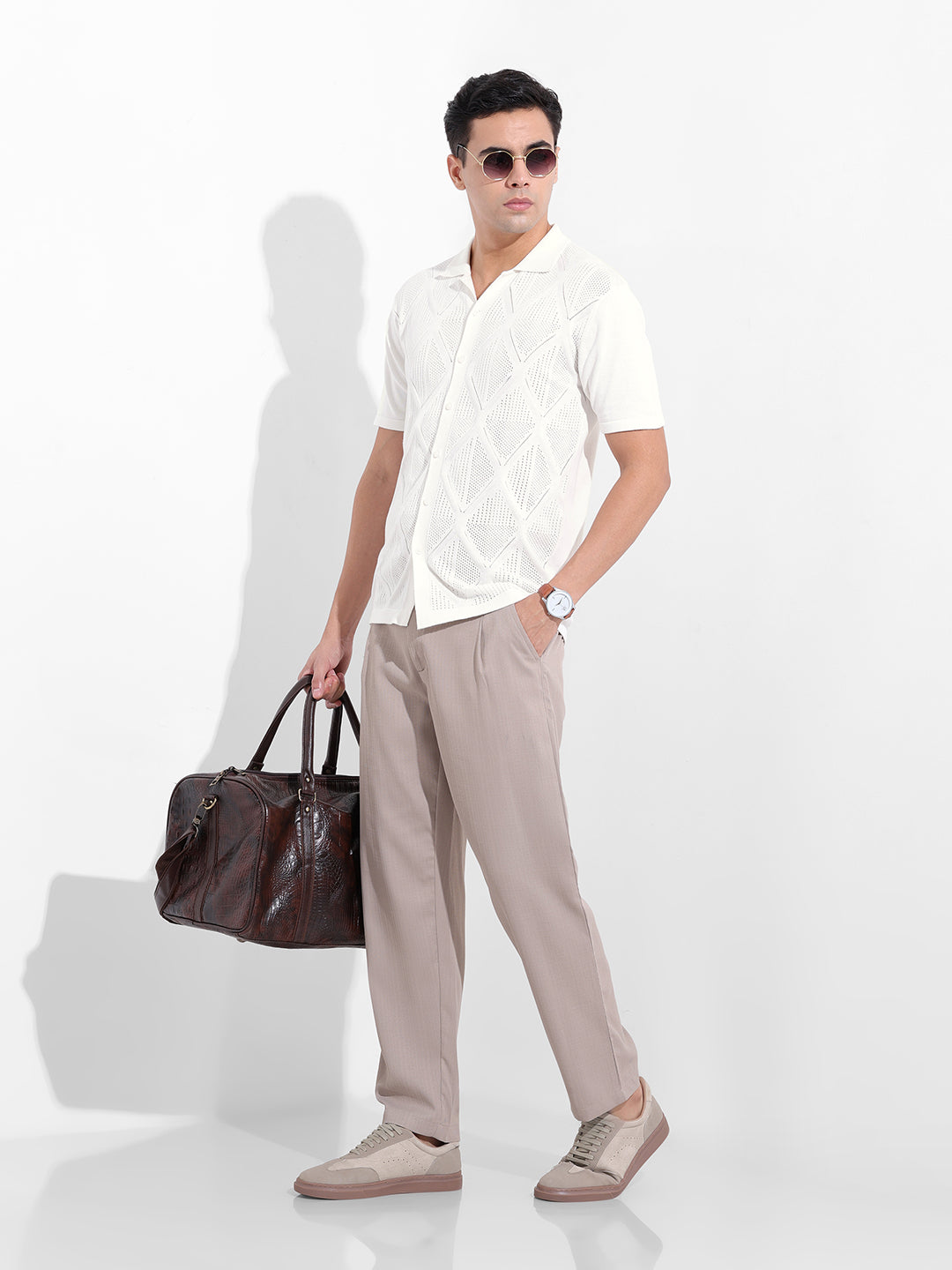 Men's White Slim Fit Textured Flat Knit Shirt