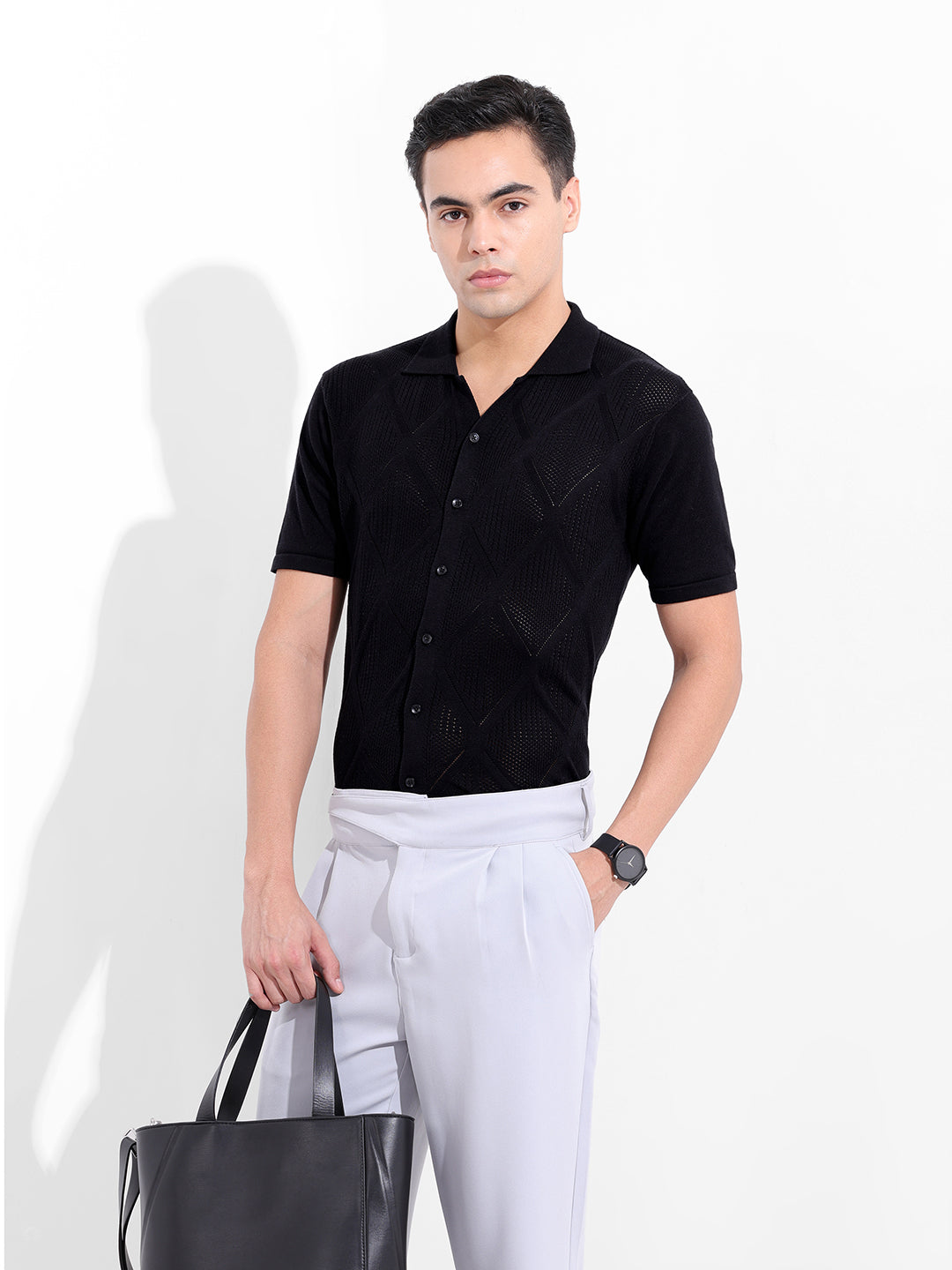 Men's Black Slim Fit Textured Flat Knit Shirt