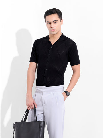 Men's Black Slim Fit Textured Flat Knit Shirt