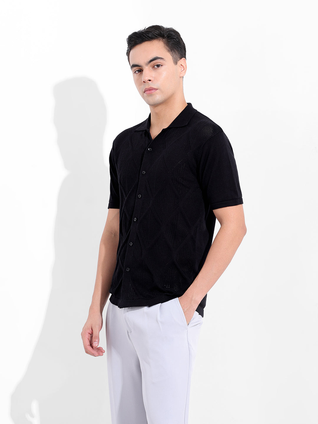 Men's Black Slim Fit Textured Flat Knit Shirt