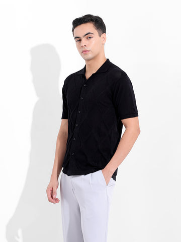 Men's Black Slim Fit Textured Flat Knit Shirt