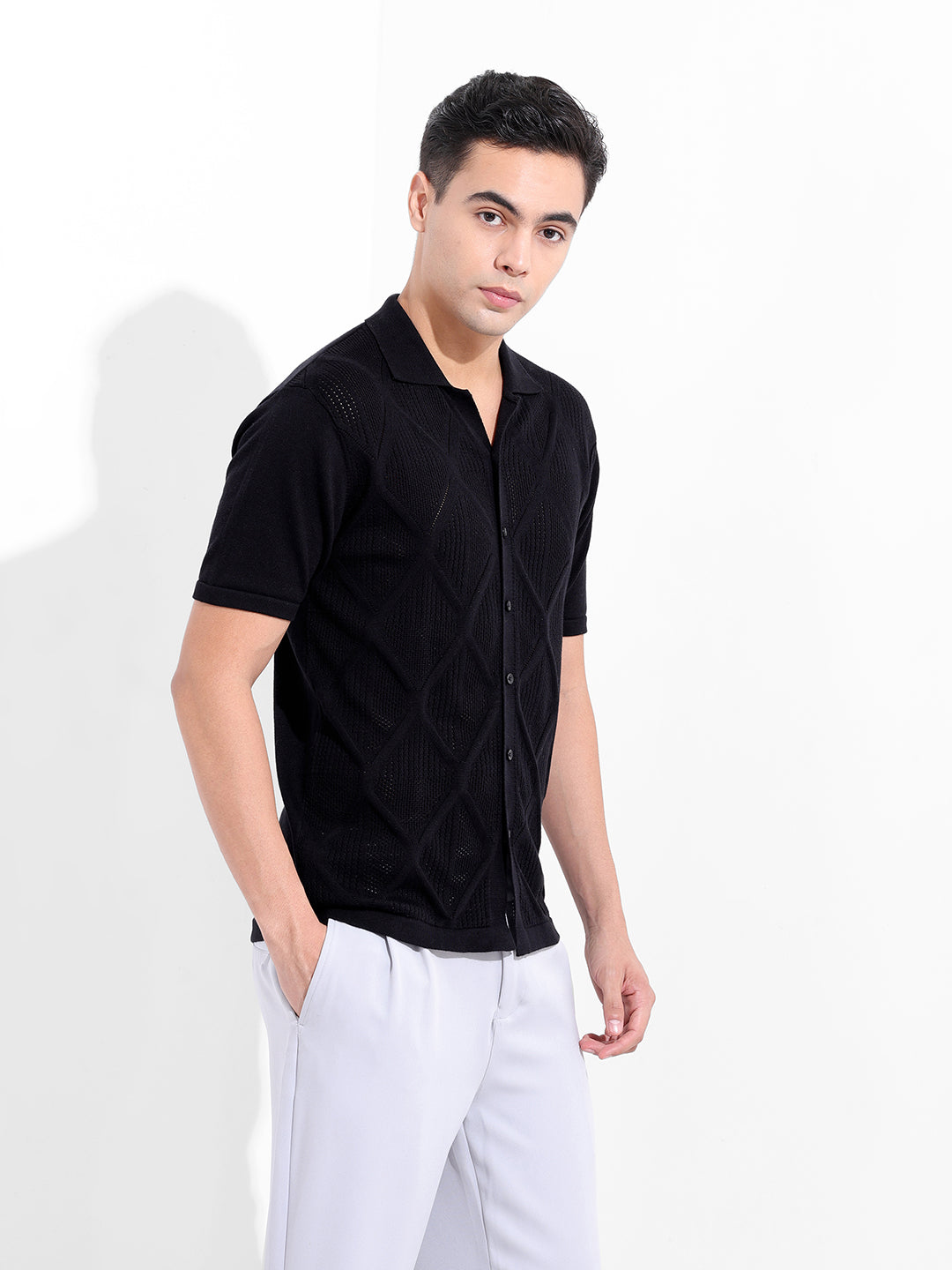 Men's Black Slim Fit Textured Flat Knit Shirt