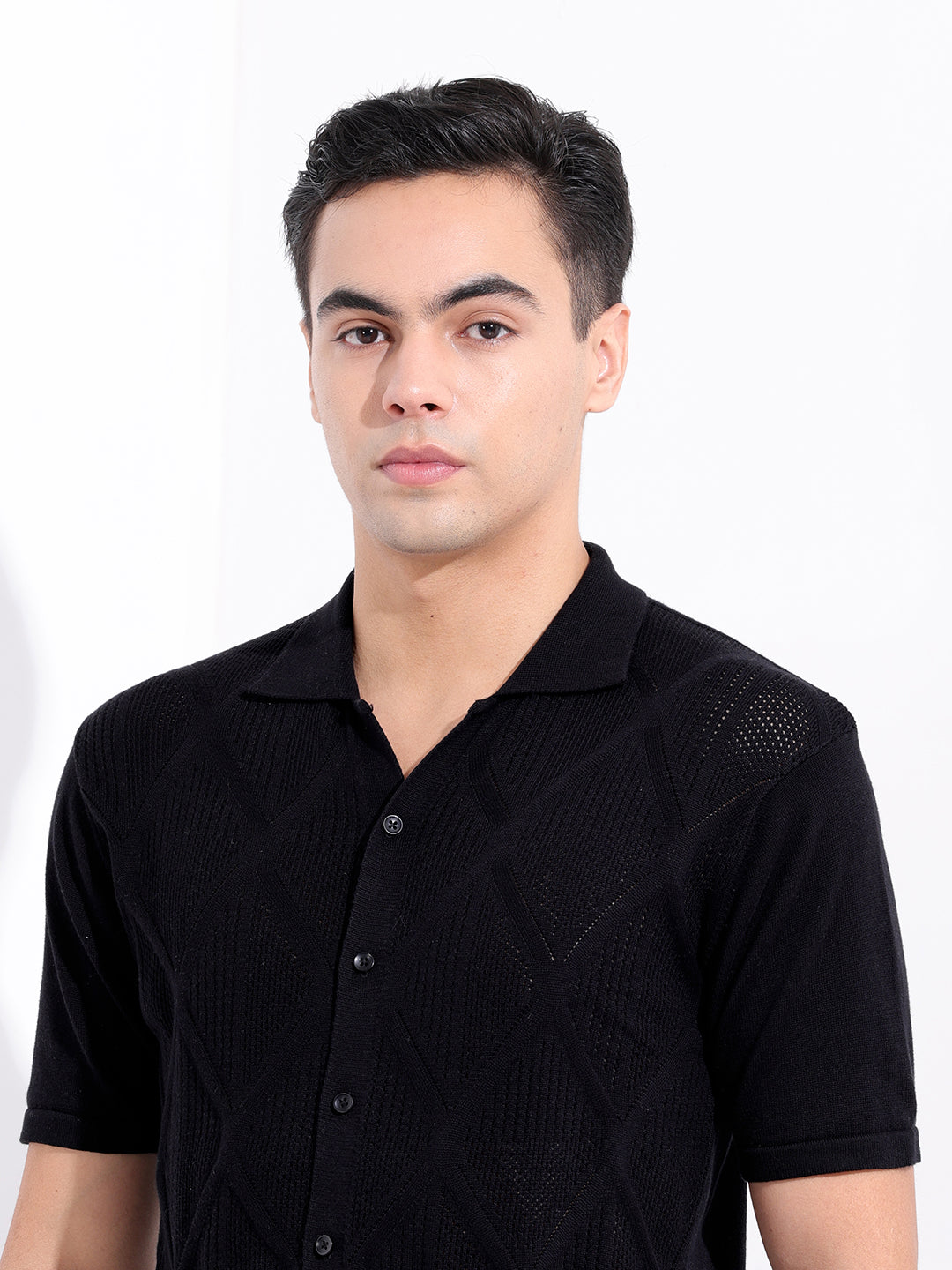 Men's Black Slim Fit Textured Flat Knit Shirt