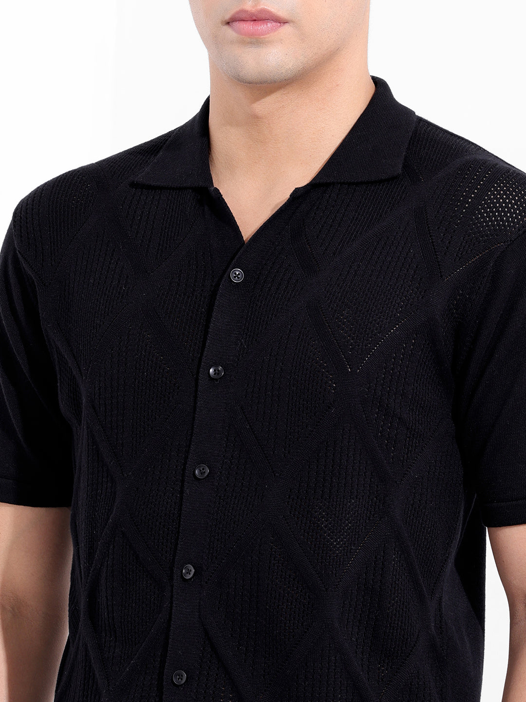 Men's Black Slim Fit Textured Flat Knit Shirt