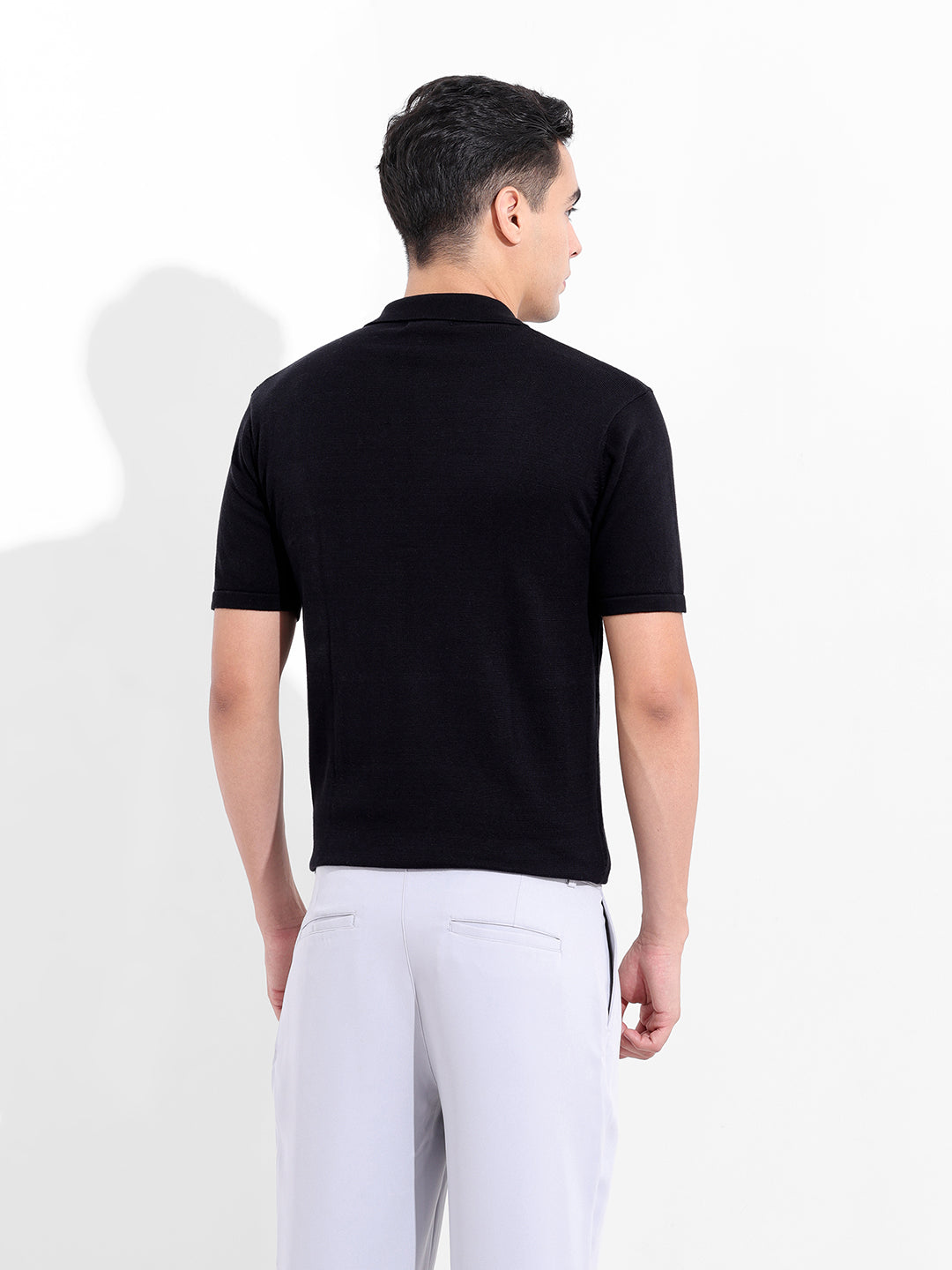 Men's Black Slim Fit Textured Flat Knit Shirt