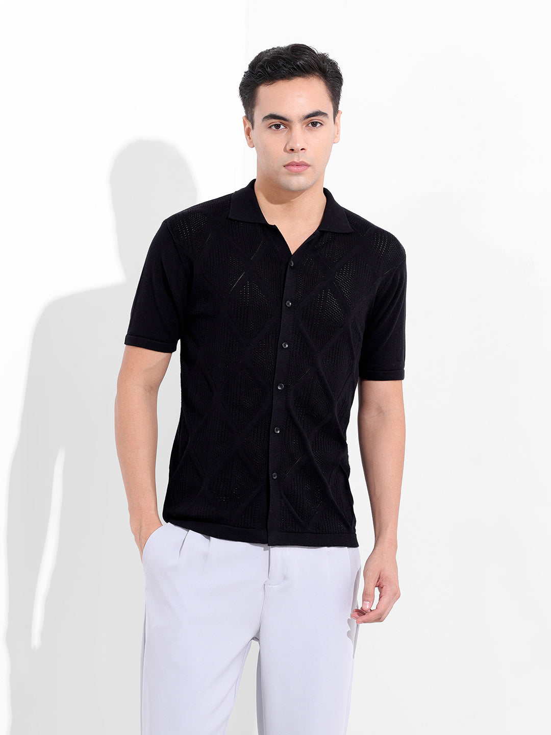 Men's Black Slim Fit Textured Flat Knit Shirt