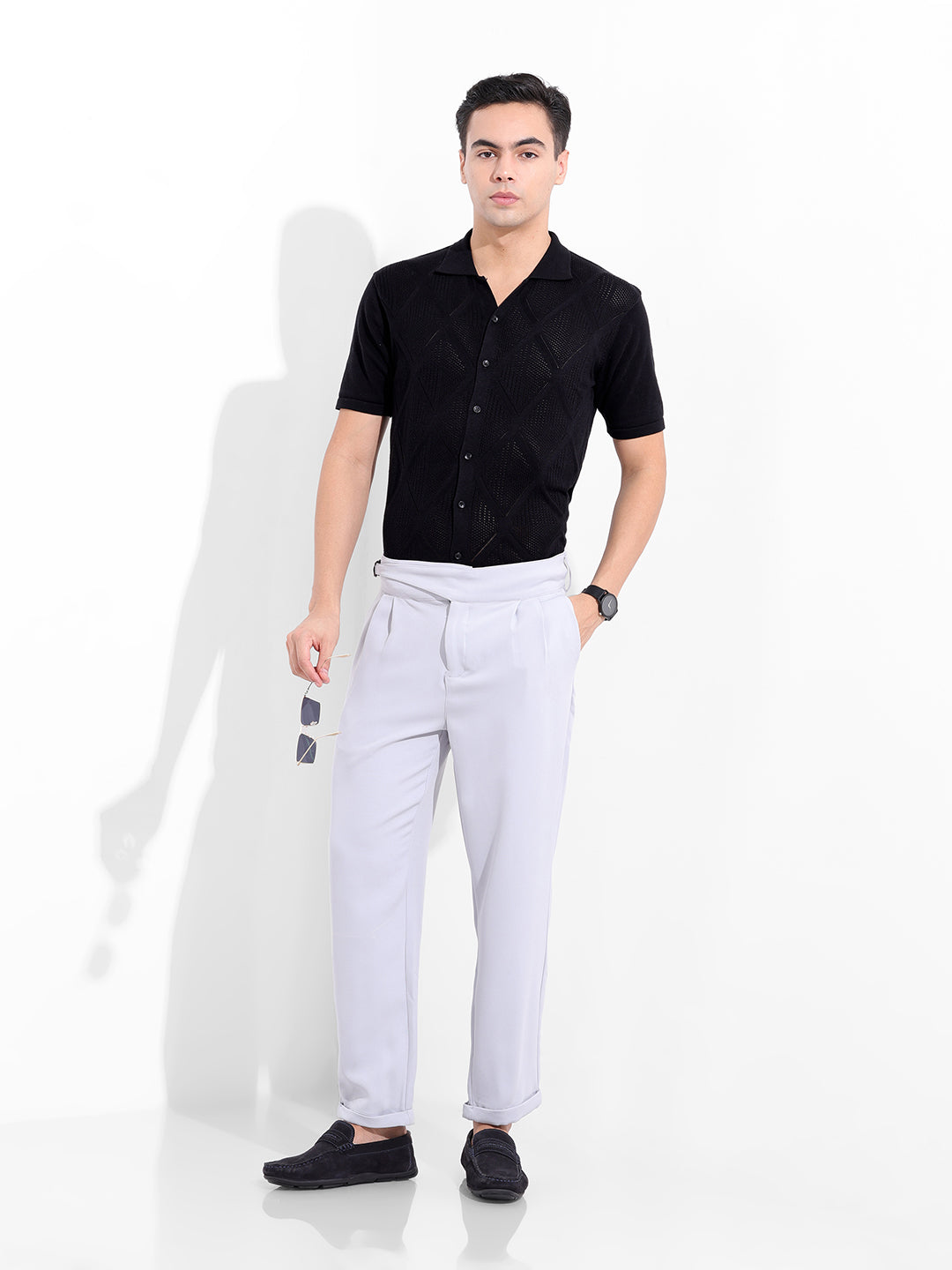 Men's Black Slim Fit Textured Flat Knit Shirt