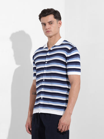 Men's Blue Slim Fit Textured Flat Knit Shirt