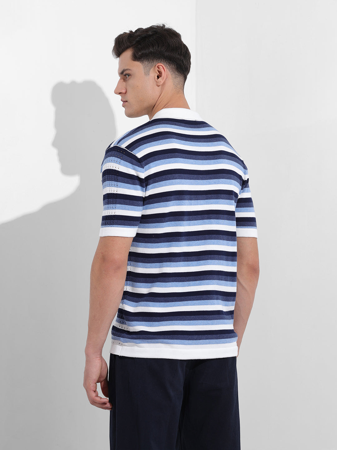 Men's Blue Slim Fit Textured Flat Knit Shirt